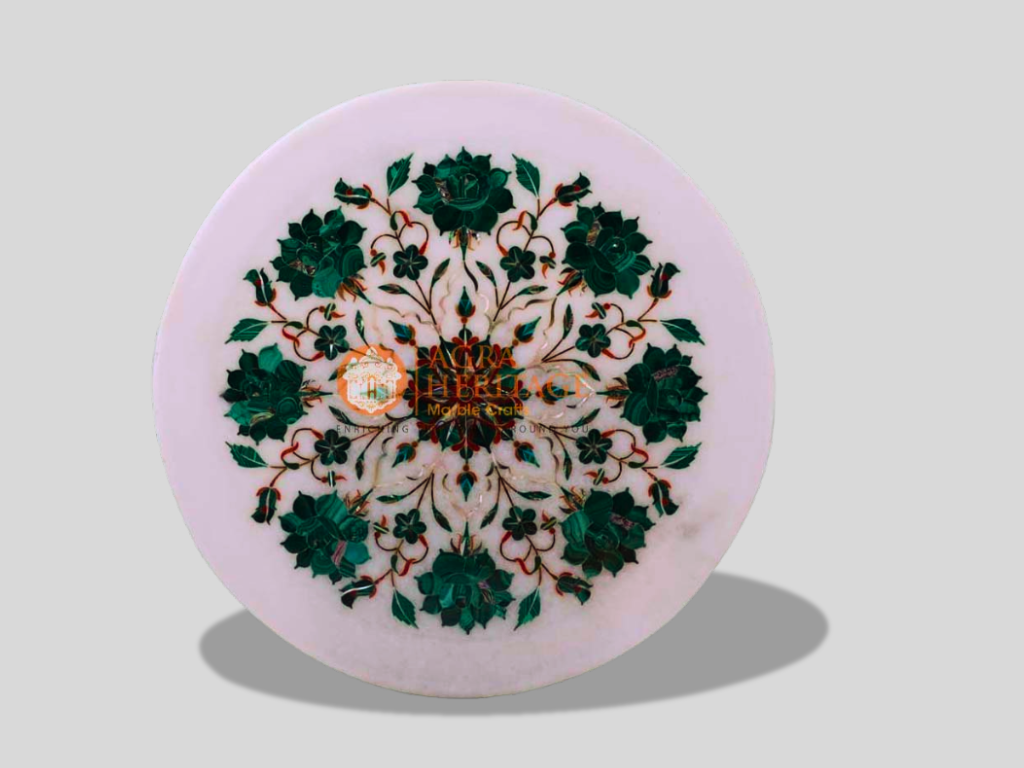 Marble Round Serving Plate Malachite Inlay Floral Arts